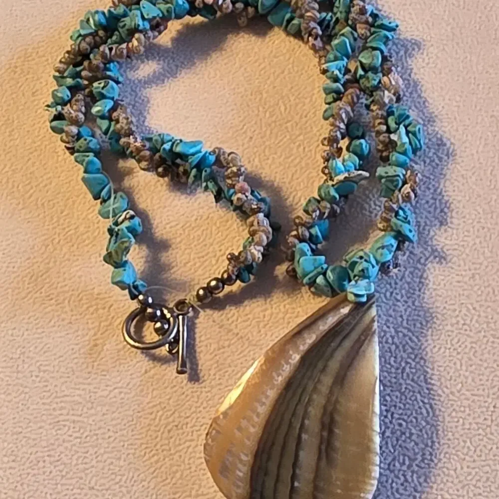 Abalone Pendant Snail Shell & Turquoise Stone Necklace w/  Boho 213 - Picture 2 of 9